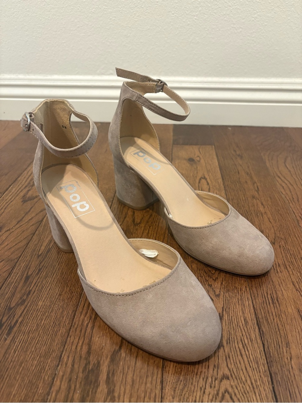 pop gal Taupe Suede Ankle-Strap Block Heels Size 9M